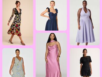 Collage of wedding guest cocktail dresses