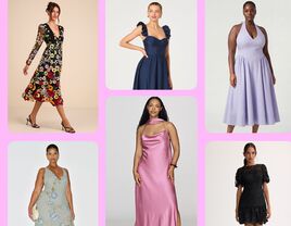 Collage of wedding guest cocktail dresses
