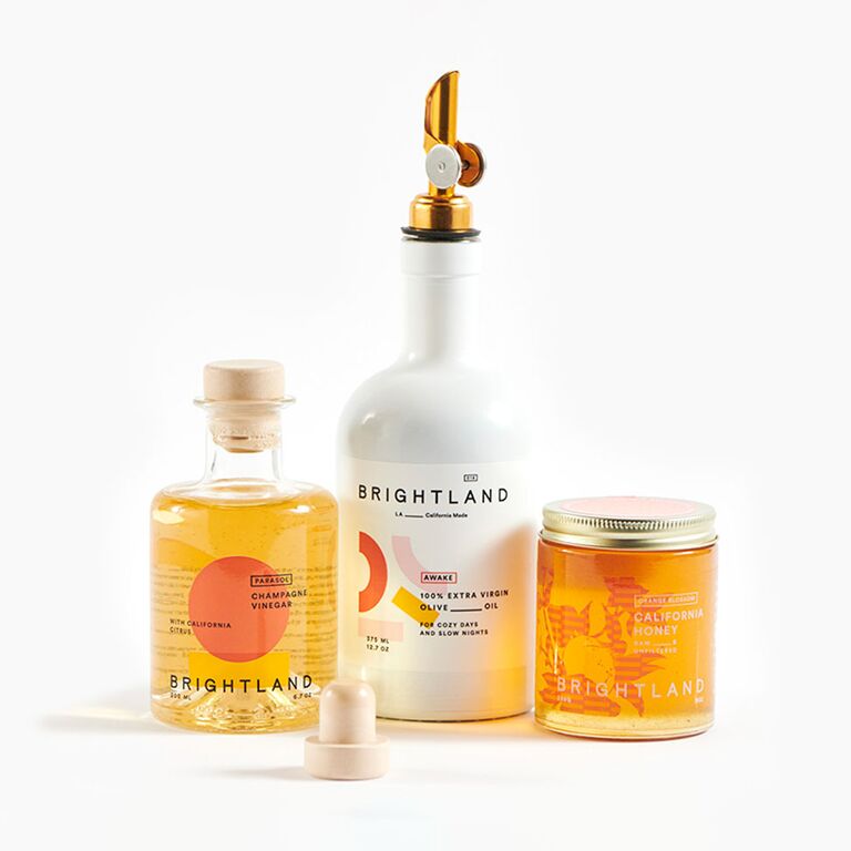 Brightland parents anniversary gift set with Extra Virgin Olive Oil, Champagne Vinegar and California Orange Blossom Honey.