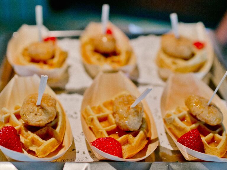 Mini chicken and waffle portions for a bridal shower. 