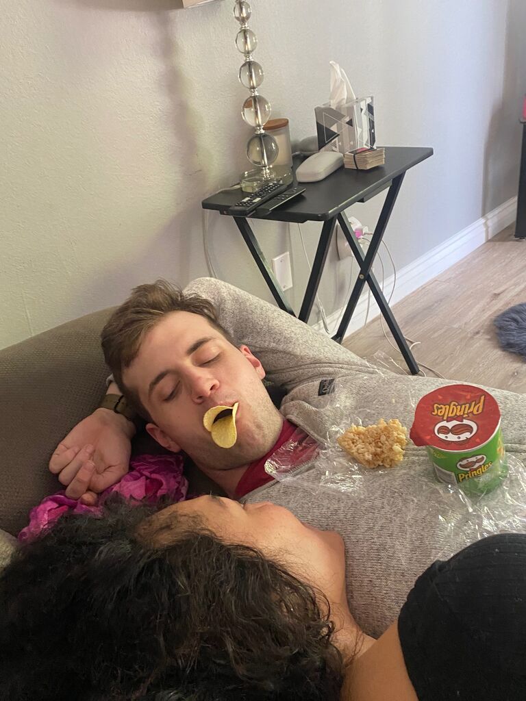 Bryce and Marlene would go to friend's homes and hang out. This is the new year. They got to start the year 2021 together; just being silly before Bryce would go on a two month underway.