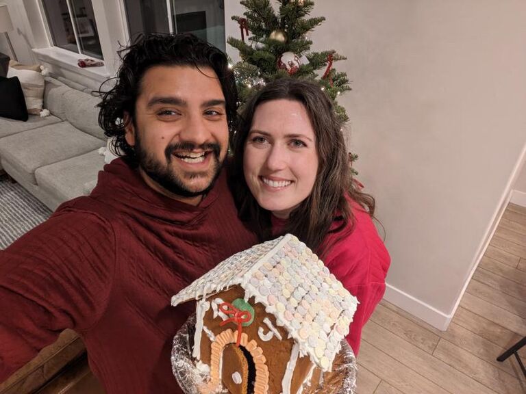 Our first Christmas together. Raminder's first gingerbread house ever! He's a natural.