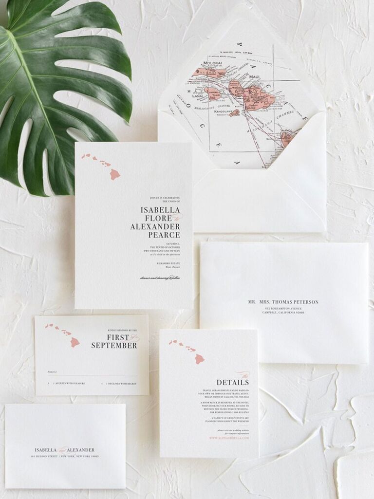 Map of Hawaii printed on destination wedding invitations