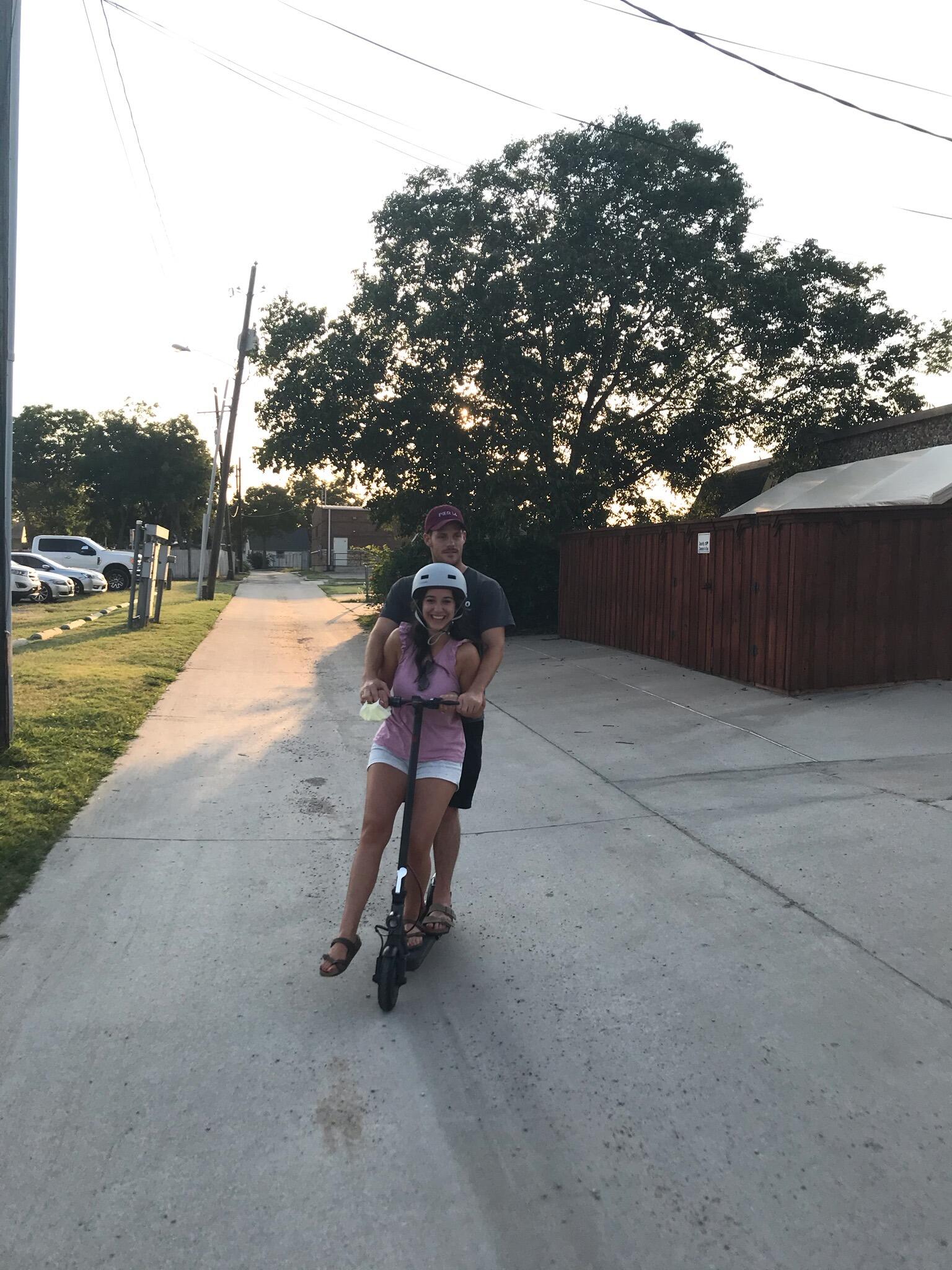 Playing around with a scooter, don't worry Paige has her helmet on!