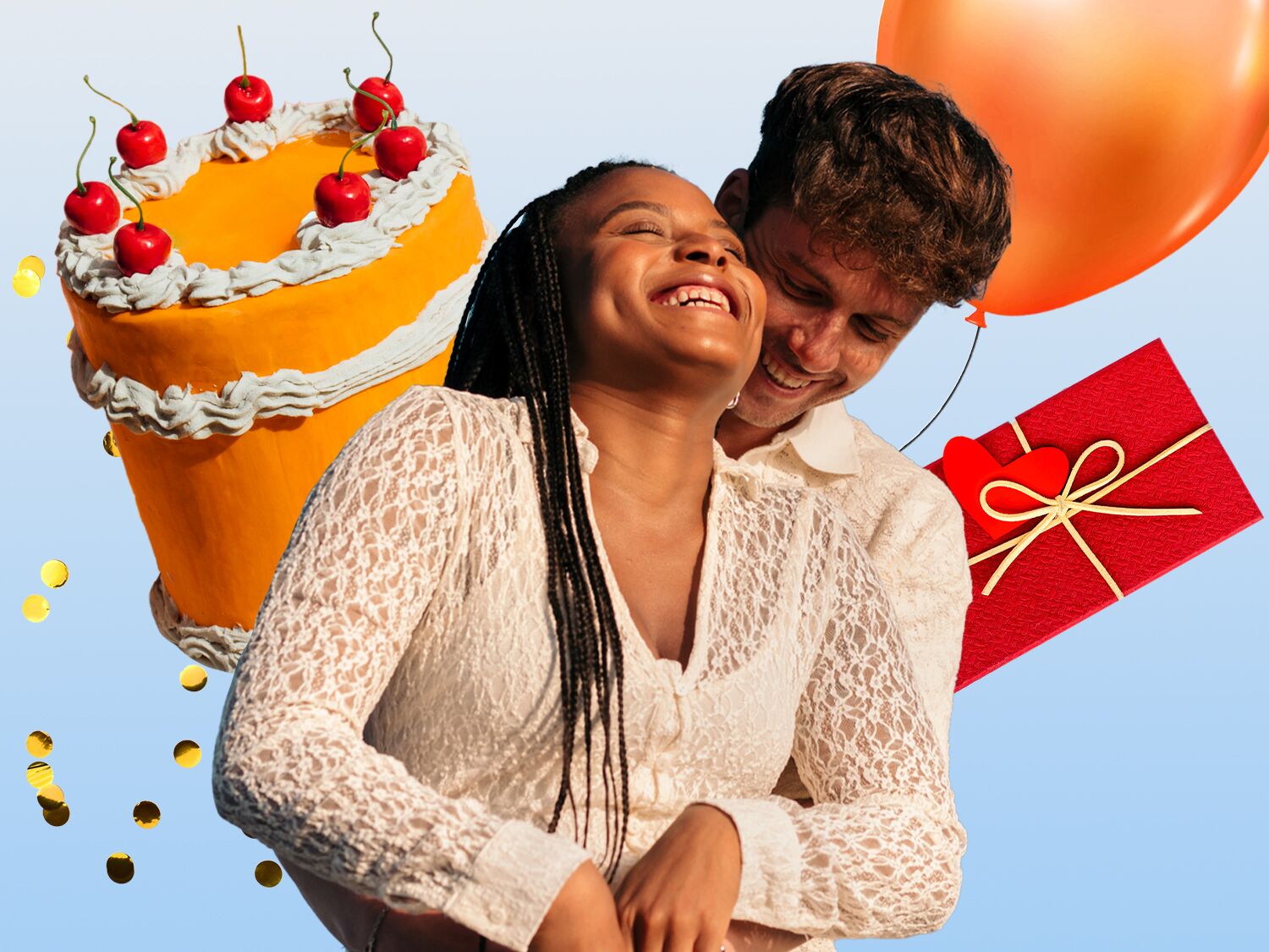 Collage of couple surrounded by birthday cake and gifts