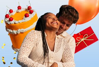 Collage of couple surrounded by birthday cake and gifts