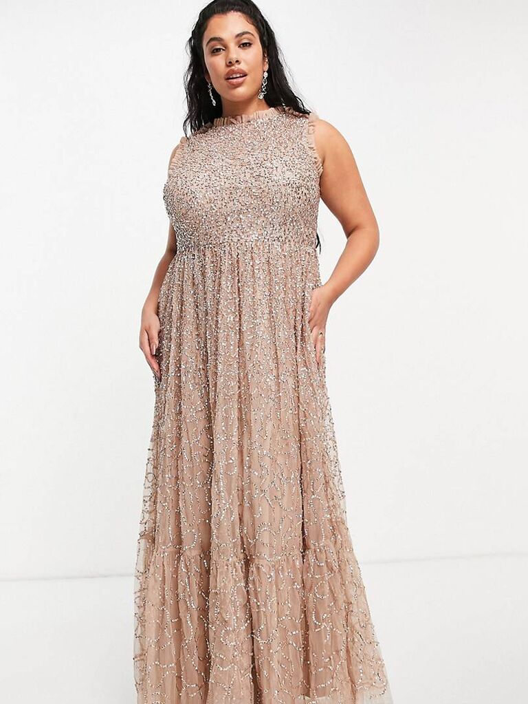 asos sleeveless metallic plus size bridesmaid maxi dress with sequins