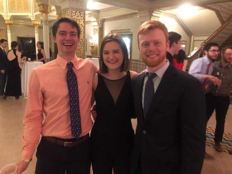 Fast forward, C & K attended with separate dates, but still made sure to find each other at Honor's Ball in 2019. 
"Dang! Kara looks good!" - thought Connor.

Flash forward almost exactly a year, and Kara gets her first text from Connor asking how she's doing. They strike up casual conversation over Snapchat... daily... and Kara is still under the impression Connor is dating someone else. She just assumed he had graduated and was lonely in Milwaukee - reaching out to a good friend for company and conversation. Little did she know... Connor had been thinking about her since that Honor's Ball and he was now single! 

After a few weeks of chatting, Connor finally asked her out on a date to go cross country skiing and grab dinner. Unfortunately the first day they both had free was Valentine's Day... and awkward!! So they went out the day after - 2/15/20 and Connor convinced Kara to SKATE ski for her first try because that was "easiest". Kara does not like being bad at things and she certainly was not good at xc skiing - a testament to Connor's patience & Kara's comfortability with Connor. When they got in the car after a rather exhausting and cold first date (Kara drenched in sweat), Connor had a list of ~vegan~ restaurants ready to go and he had no idea how many points that would earn him. 