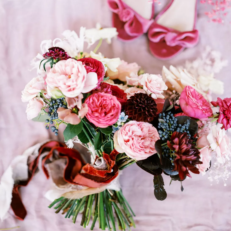 Pink wedding flower bouquet for a moody Barbie wedding