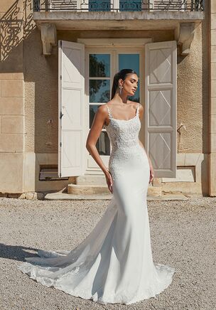 Crepe Fit and Flare Gown with Scoop Neckline and Beaded Straps