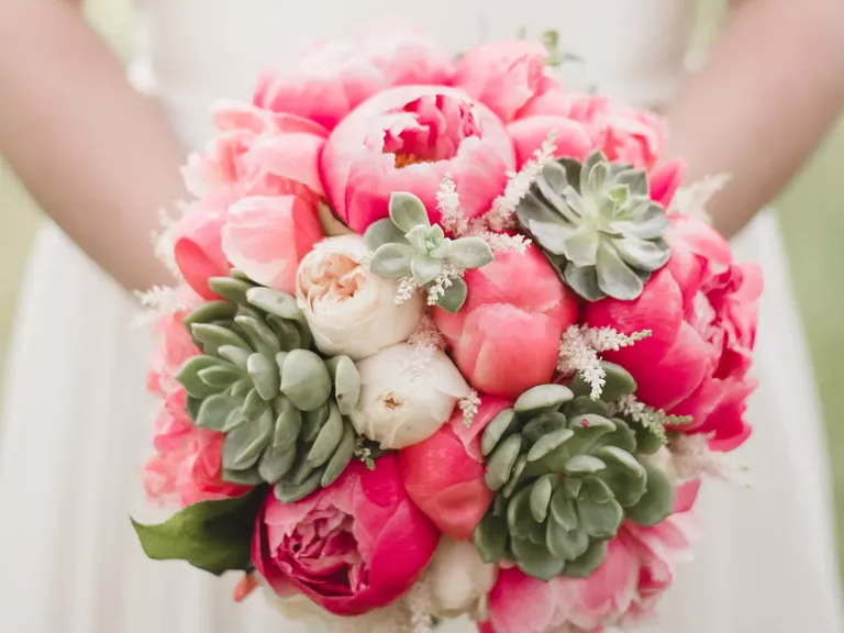 Bright Pink Peony and Succulent Bouquet
