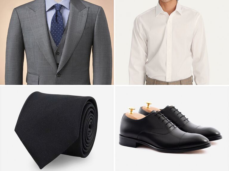 Collage of outfit ideas for a black tie optional wedding. 