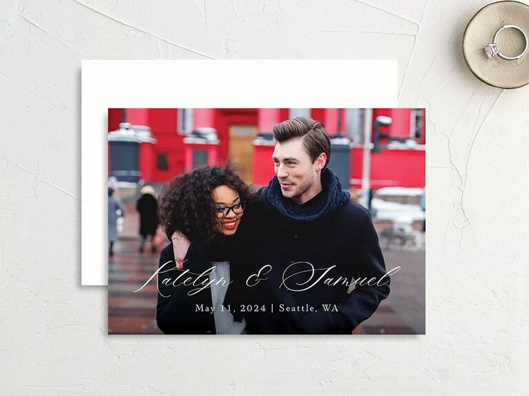 Personalized photo background with couple's names in white calligraphy