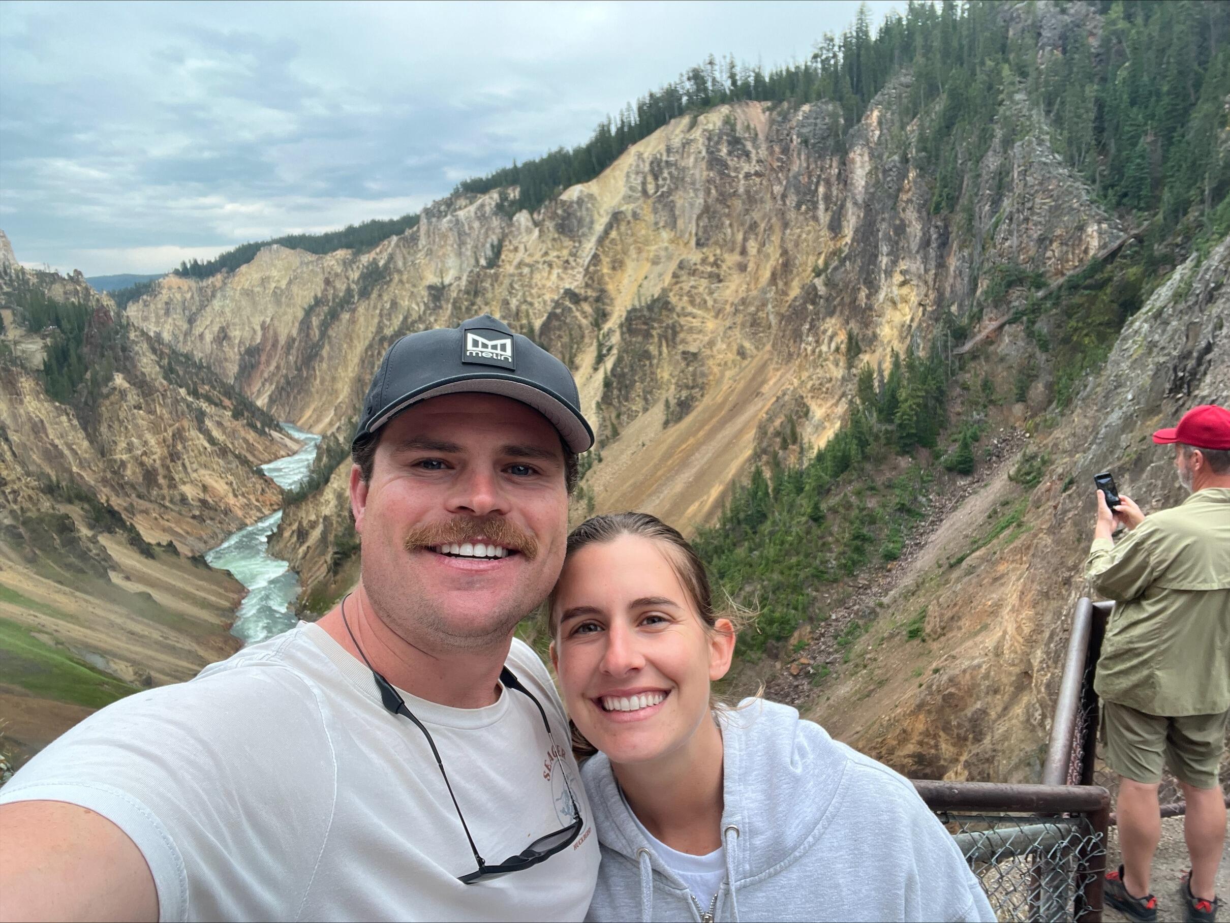 Fran & Tyler at a Waterfall during Watson Family Vacation to Yellowstone