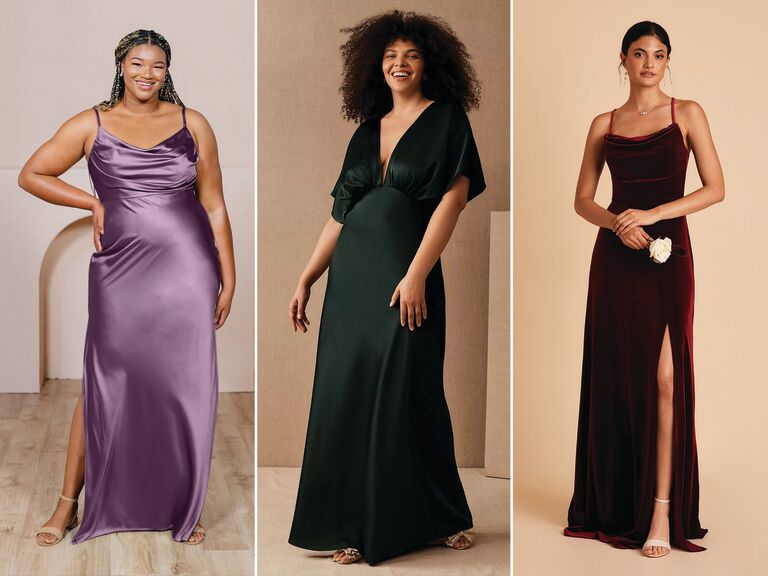 Collage of three winter bridesmaid dresses for weddings