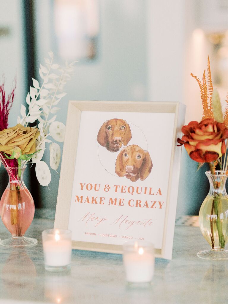Custom drinks sign with illustration of bride and groom's dogs
