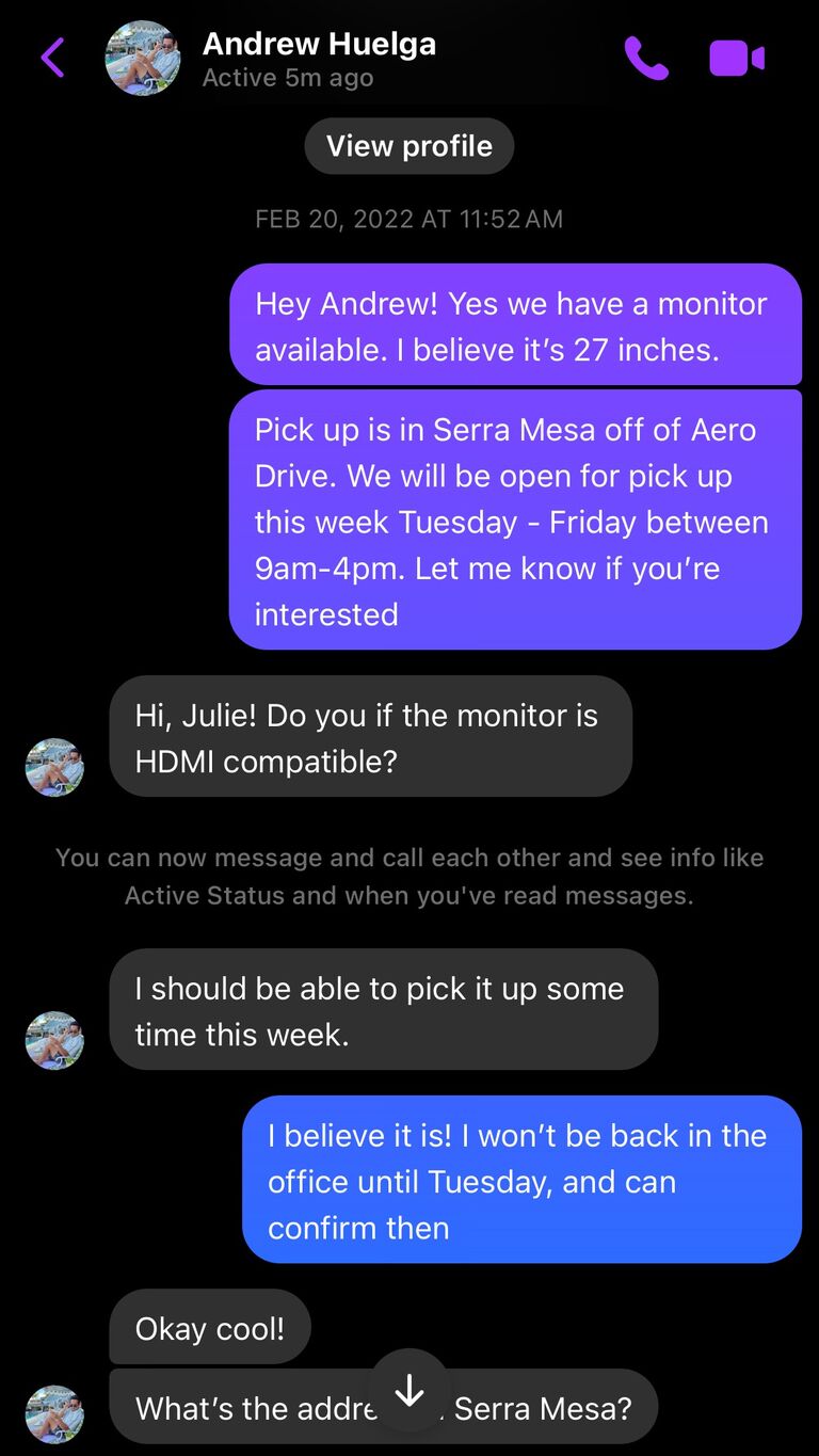 Julie's office was closing down so she posted free office items on Facebook Buy Nothing. Andrew responded to the posting looking for a computer monitor.