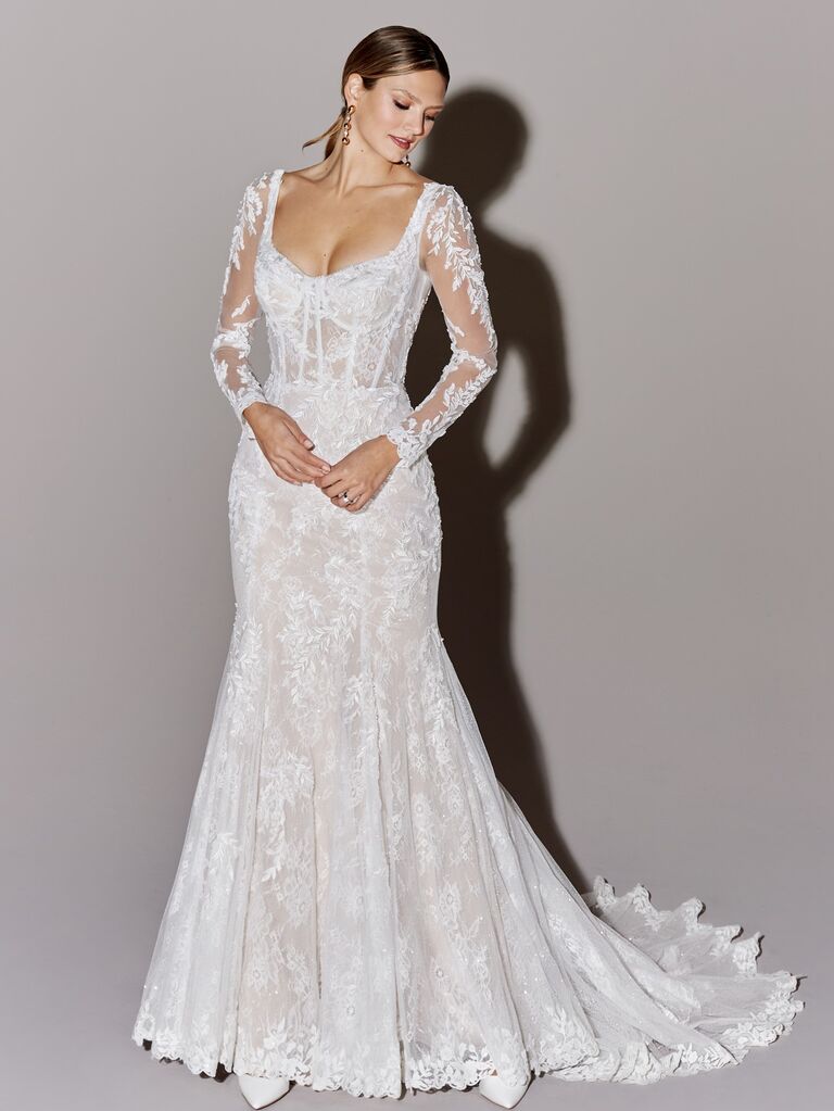 Vera Long-Sleeve Embroidered Lace Gown