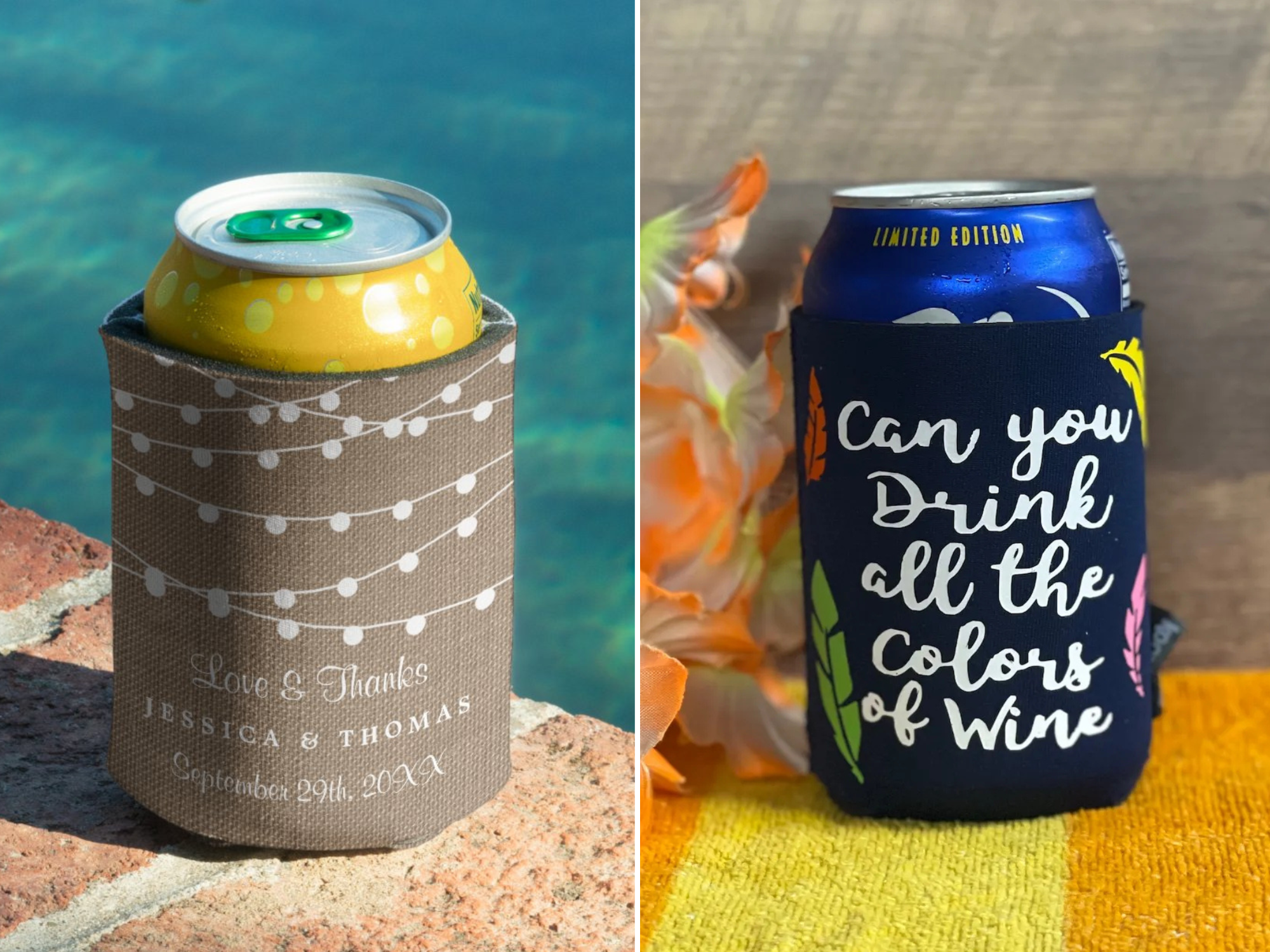 Collage of fun beer koozies