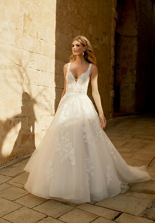 Tulle A-Line Gown with Sequin Lace Appliqués on Bodice and Skirt