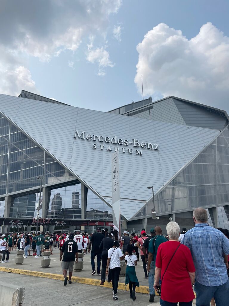 Falcons vs. Eagles at Mercedes Benz Stadium. Yes, we are Falcons fans. 