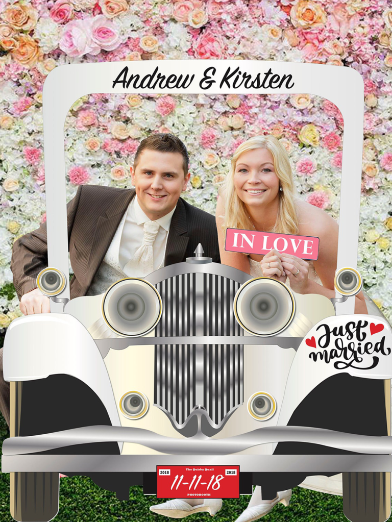 Just married car photo prop with names at top in black script