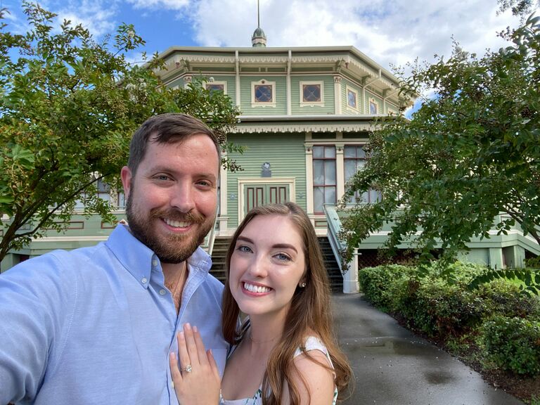 Charlie took me for a trip to Galveston, TX, where his dad's side of the family was from originally and proposed to me in front of the Garten Verein pictured behind us here. The building had withstood the 1900 hurricane that destroyed much of the entire island. In his proposal (in between all the happy tears) he told me that he'd taken me there because he hoped our marriage would have that kind of strength. This was the easiest yes of my life!