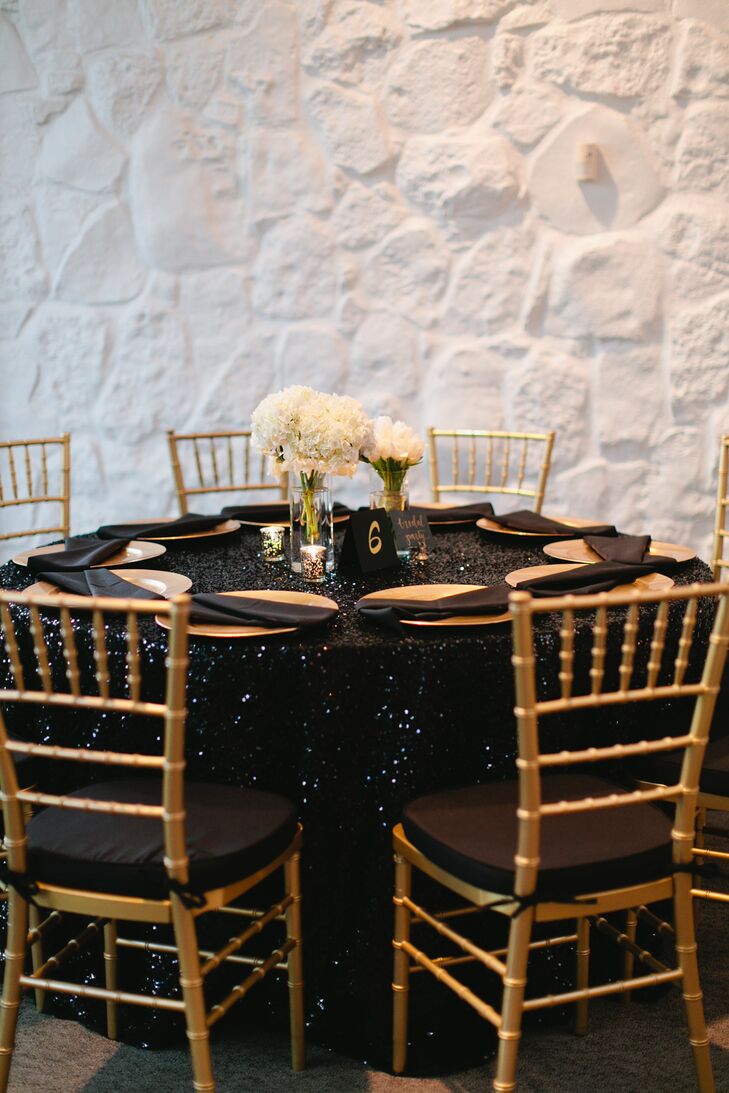 Black Sequined Dining Table With Gold Chiavari Chairs