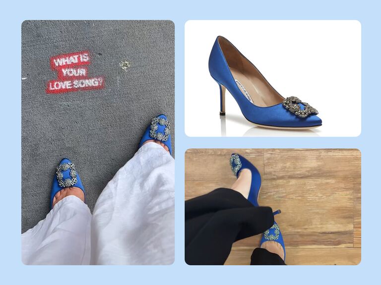 Manolo Blahnik bridal blue satin jewel buckle pumps