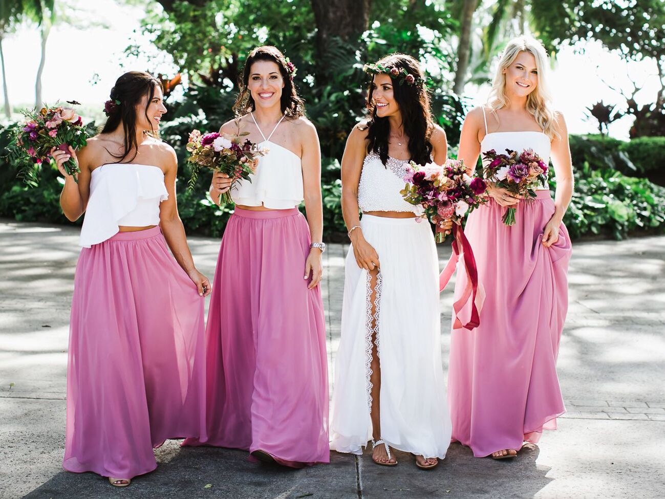 bohemian bridesmaid dresses in white tops and pink maxi skirts