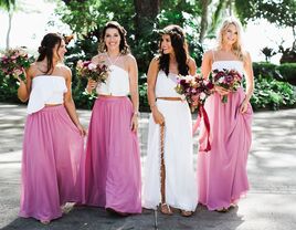 bohemian bridesmaid dresses in white tops and pink maxi skirts