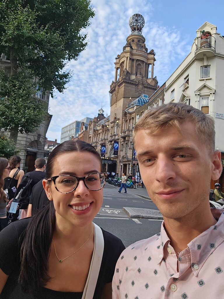 Outside the London Coliseum before enjoying Spirited Away: Live on Stage. 