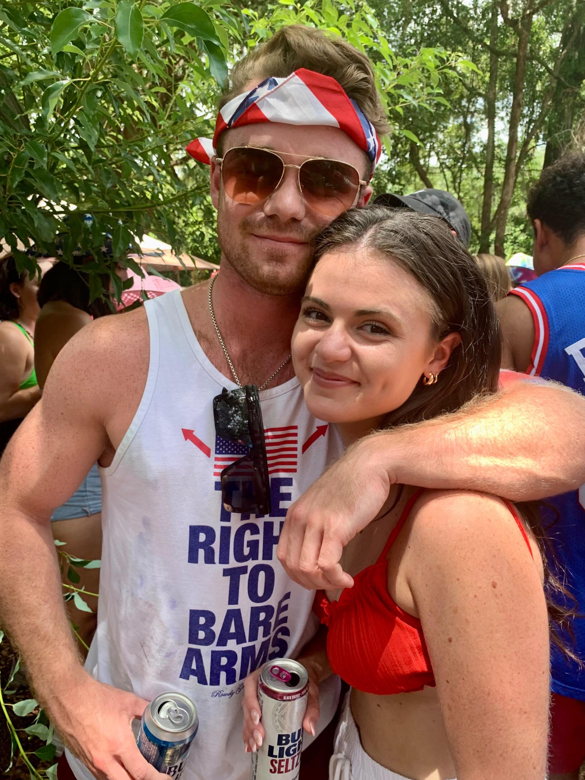 Connor and Olivia spent a sunny summer together in Gainesville, taking classes and making the most of student life. While Connor worked toward his master’s, Olivia hit the books to study for the LSAT. 
This photo was taken on the Fourth of July at a darty—a fun break from the books and a favorite summer memory!