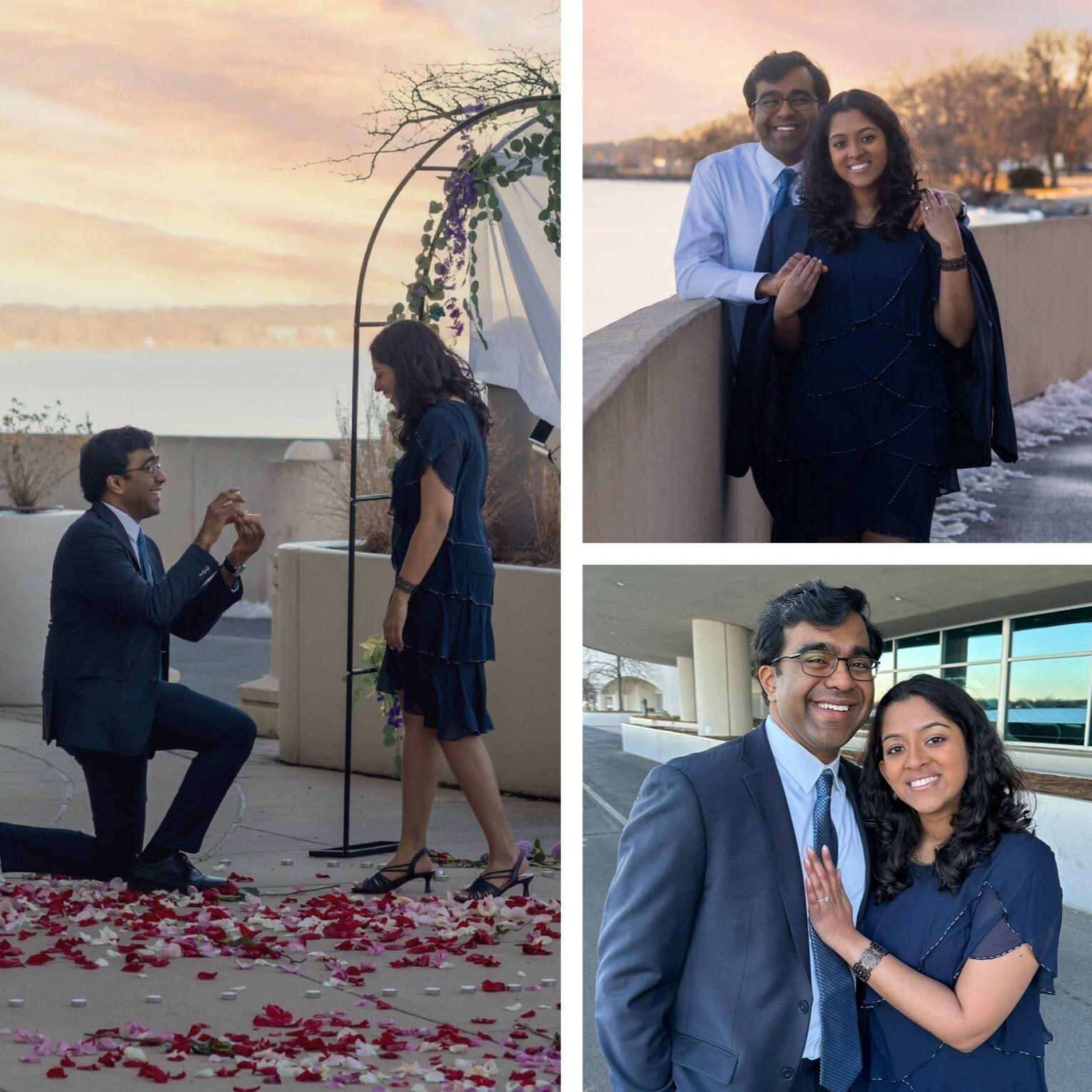 Under the guise of showing his hometown to her for the first time, Amol brought Ankitha to Madison, WI to have a “belated Valentine’s Day photoshoot”. Little did she know that it would end up being an engagement photoshoot instead! Ankitha was so excited and quickly said “yes!” with a beautiful sunset in the background of the Monona Terrace💖