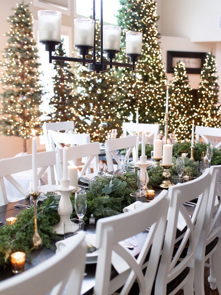 winter wedding centerpiece greens and candles