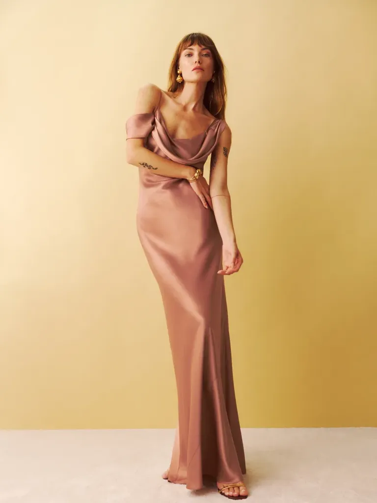 floor length silk dress with off the shoulder sleeves