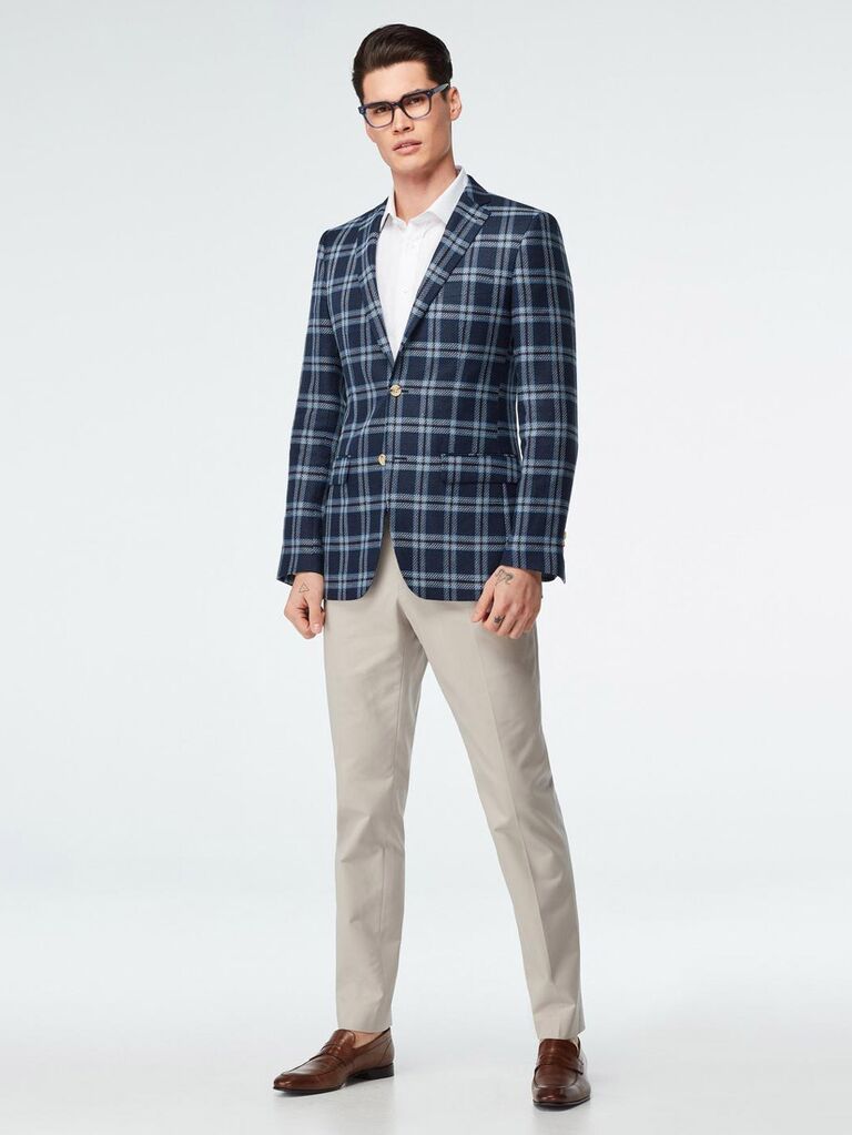 indochino wool and linen navy checkered plaid suit jacket for what to wear to a halloween wedding