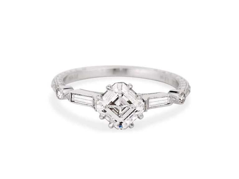 erstwhile asscher cut engagement ring with diamond center stone white gold claw prongs baguette diamond sides and white gold band