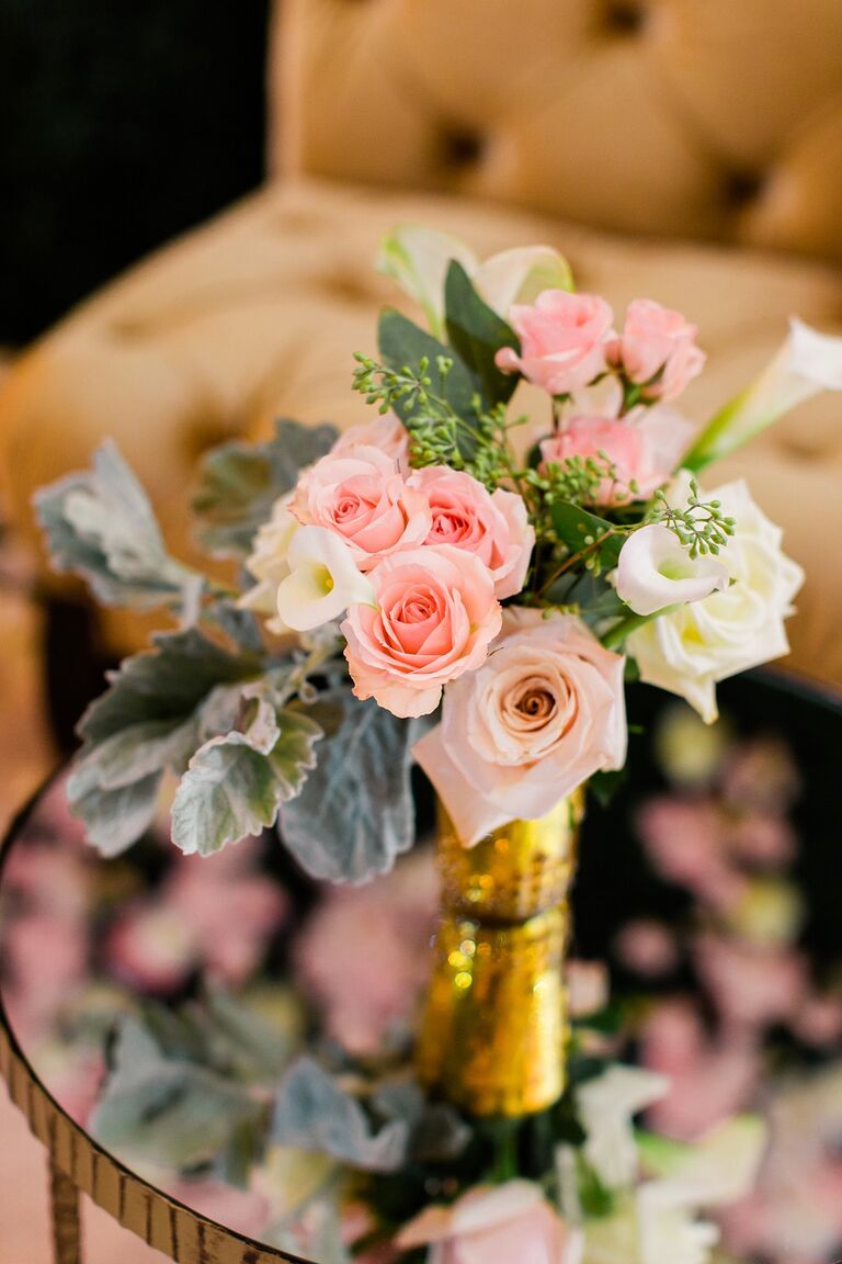 Metallic gold wedding  bouquet wrap with peach roses