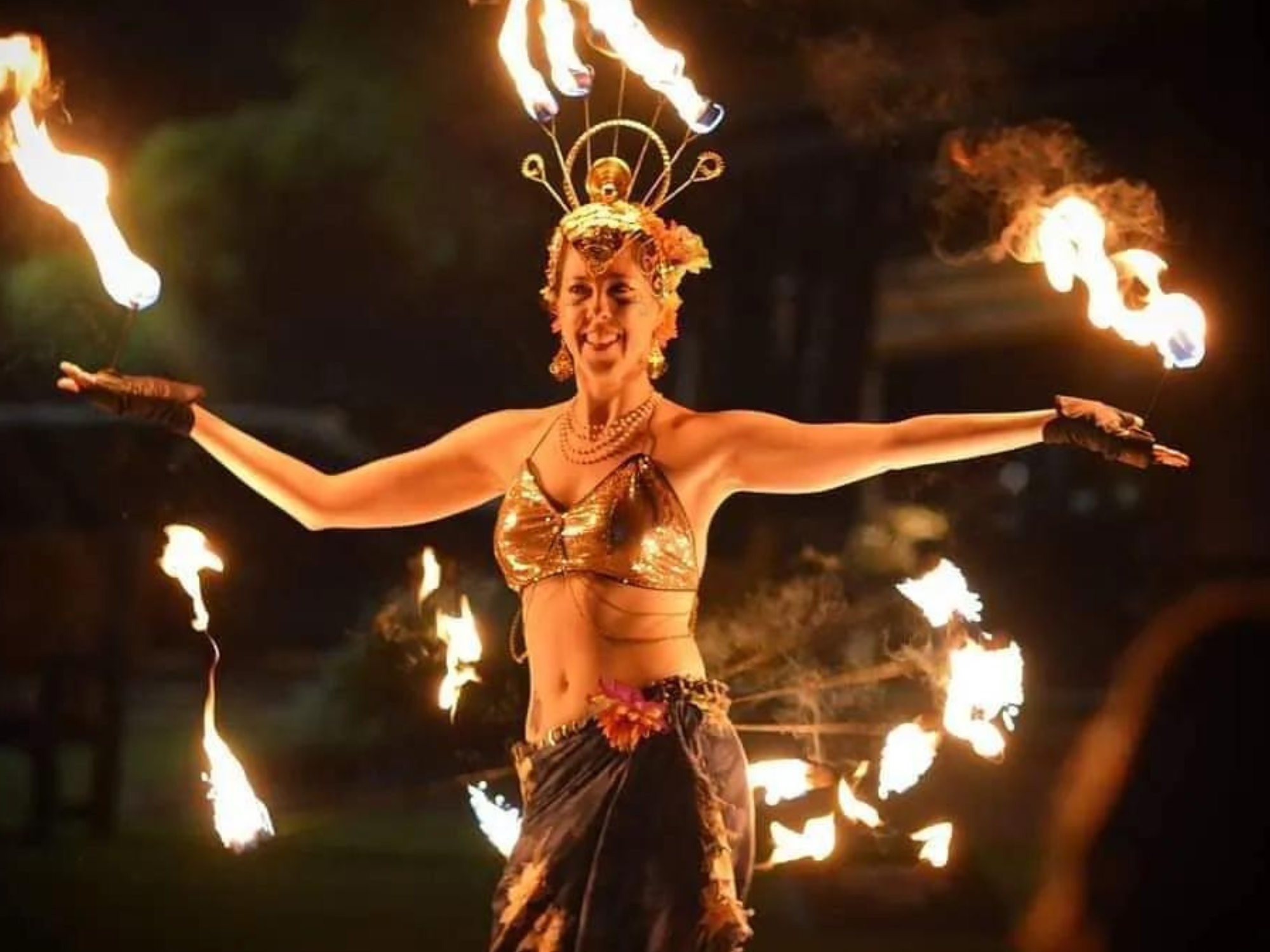 Fire belly dancer Mystic Fiora dancing at wedding in Austin, Texas