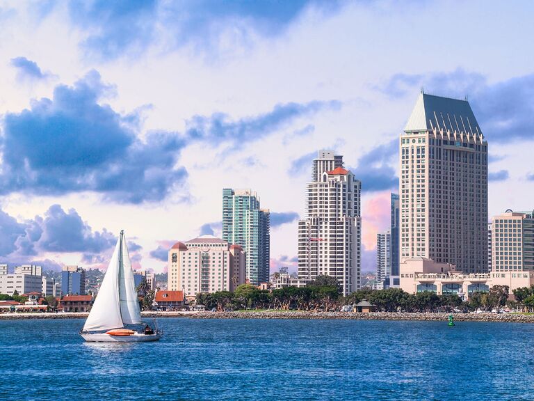 Sailing boat and San Diego skyscrapers