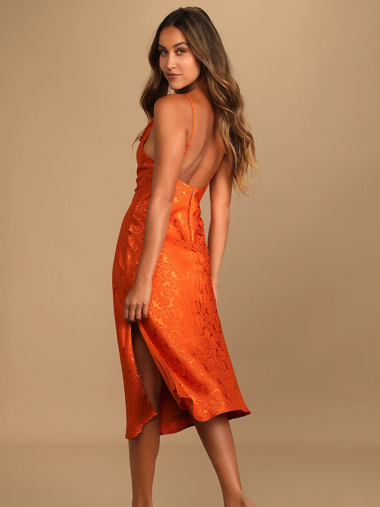 You're My Type Rust Orange Satin Jacquard Midi Slip Dress
