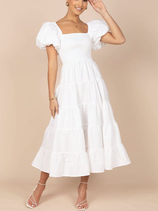 A white square neckline midi dress with puffed short sleeves from Petal & Pup