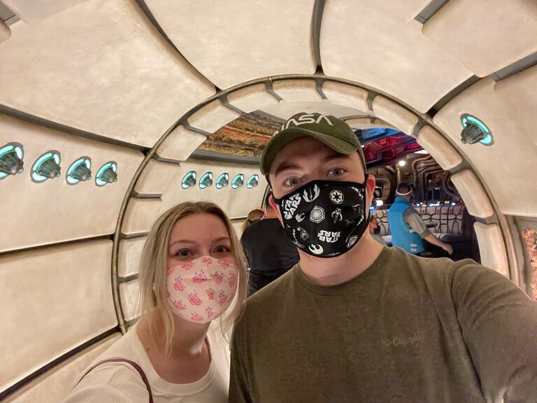 One of the few requirements placed on Ally, Ben refused to marry her until she took him to Star Wars Land at Disney World. (She was terrified the entire time he’d propose while they were there)

Millennium Falcon, Disney Spaceport, FL