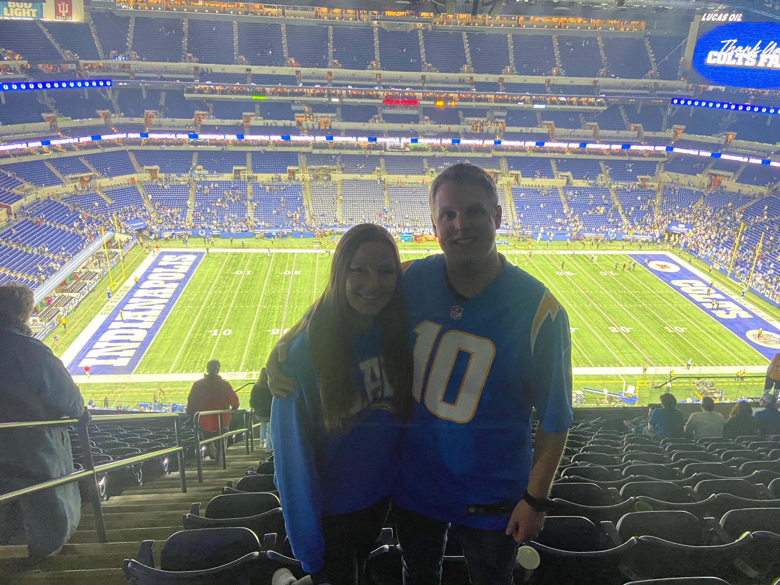 Gracie got Josh tickets to the Chargers vs. Colt's game in Indianapolis for Christmas!
