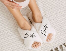 The Knot Shop comfy faux fur bride slippers for getting ready