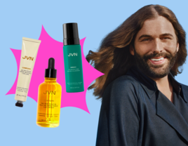 Jonathan Van Ness and three of his hair products from JVN Hair