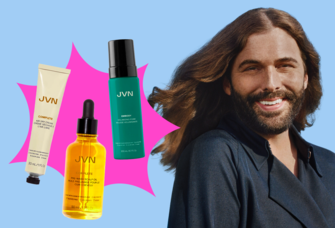 Jonathan Van Ness and three of his hair products from JVN Hair
