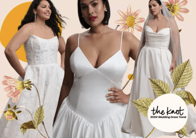 collage of models representing size inclusive bridal fashion 