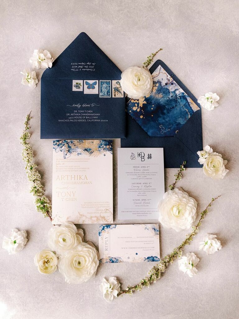 These navy and ivory wedding invitations are sure to stun.